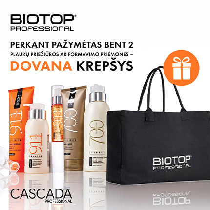 CASCADA. Įsigiję bent 2 „Biotop Professional“ plaukų priežiūros ar formavimo priemones dovanų gausite krepšį