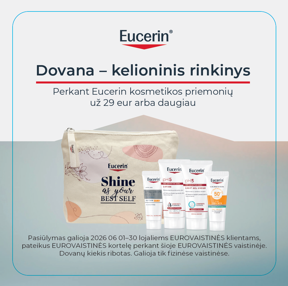 EUROVAISTINĖ. Perkant Eucerin kosmetikos priemonių už 29 eur arba daugiau, kelioninis rinkinys DOVANŲ!