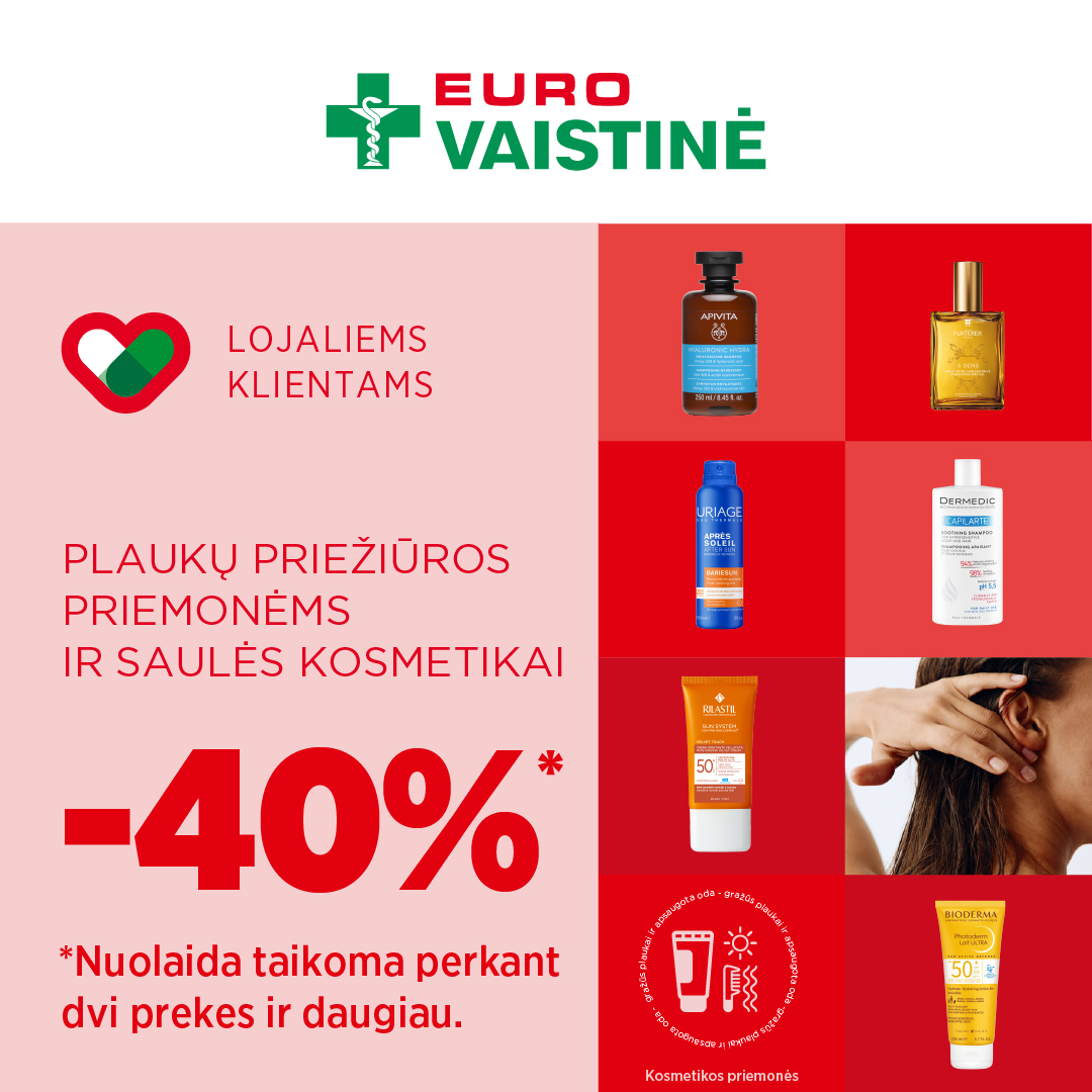 EUROVAISTINĖ. PLAUKŲ PRIEŽIŪROS PRIEMONĖMS IR SAULĖS KOSMETIKAI 40 % PERKANT 2 PREKES IR DAUGIAU