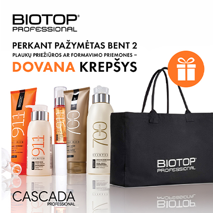 CASCADA. Įsigijus bent 2 „Biotop Professional“ plaukų priežiūros ar formavimo priemonės dovanų gausite krepšį