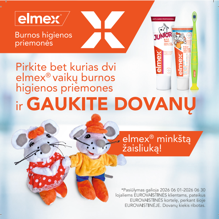 EUROVAISTINĖ. Pirkite bet kurias dvi Elmex vaikų burnos higienos priemones ir gaukite DOVANŲ Elmex minkštą žaisliuką!