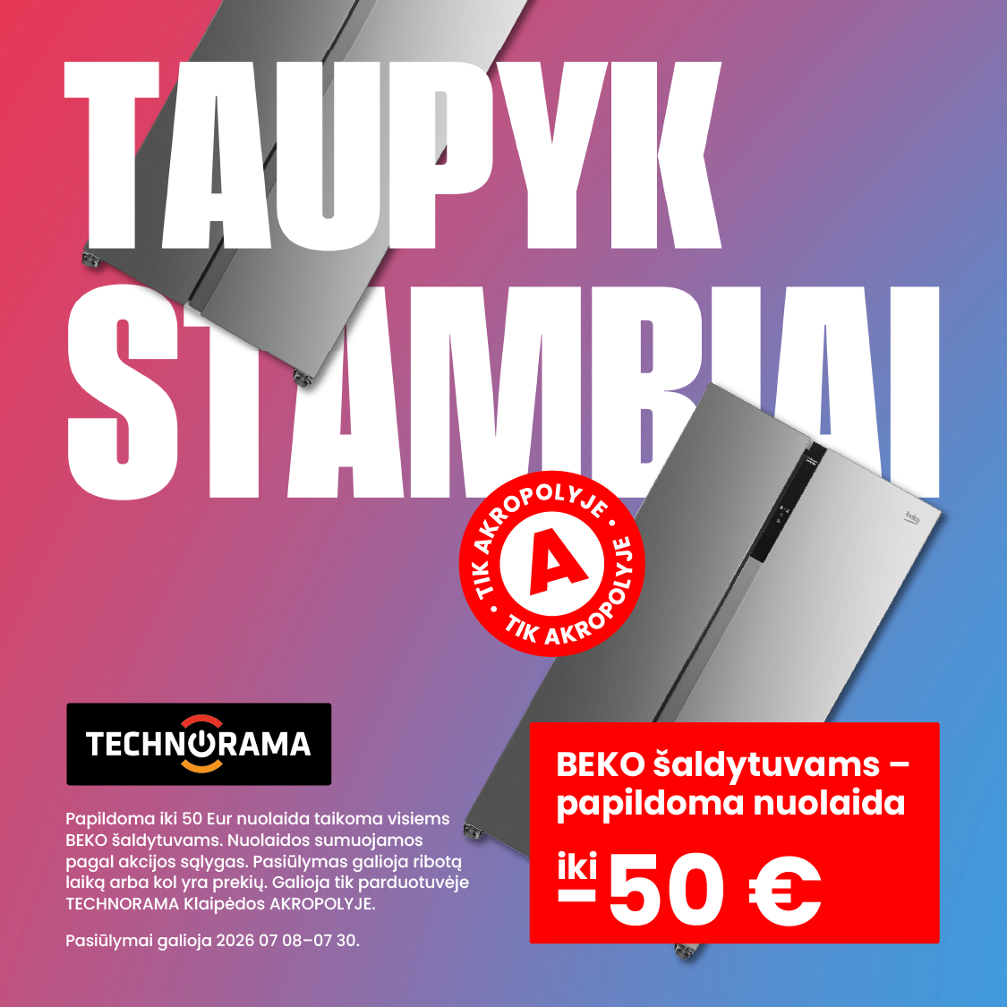 TECHNORAMA. BEKO šaldytuvams – papildoma nuolaida iki 50 €