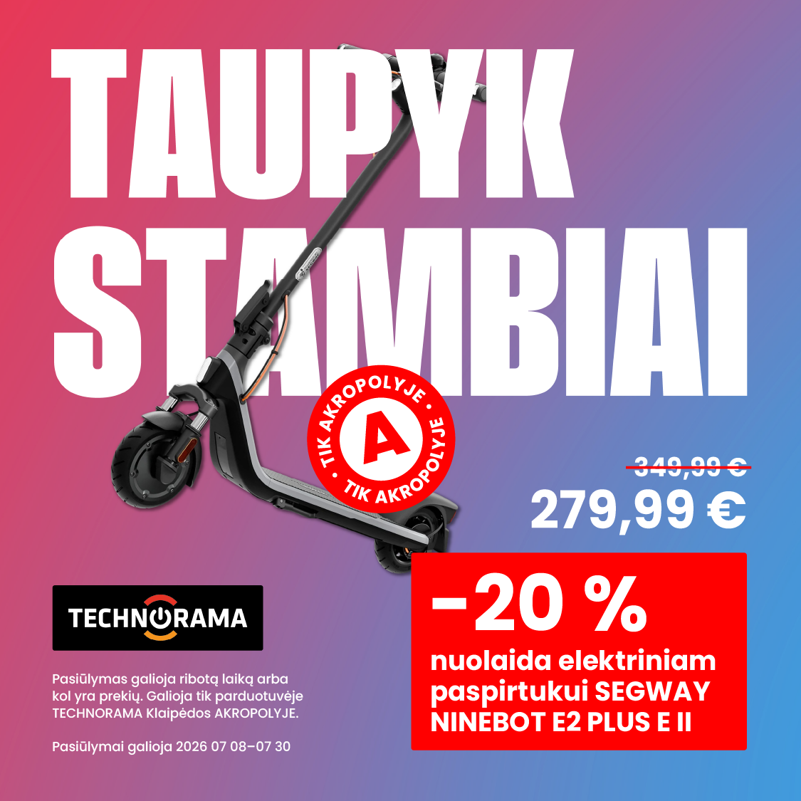 TECHNORAMA. -20% elektriniam paspirtukui Segway Ninebot KickScooter E2 Plus E II