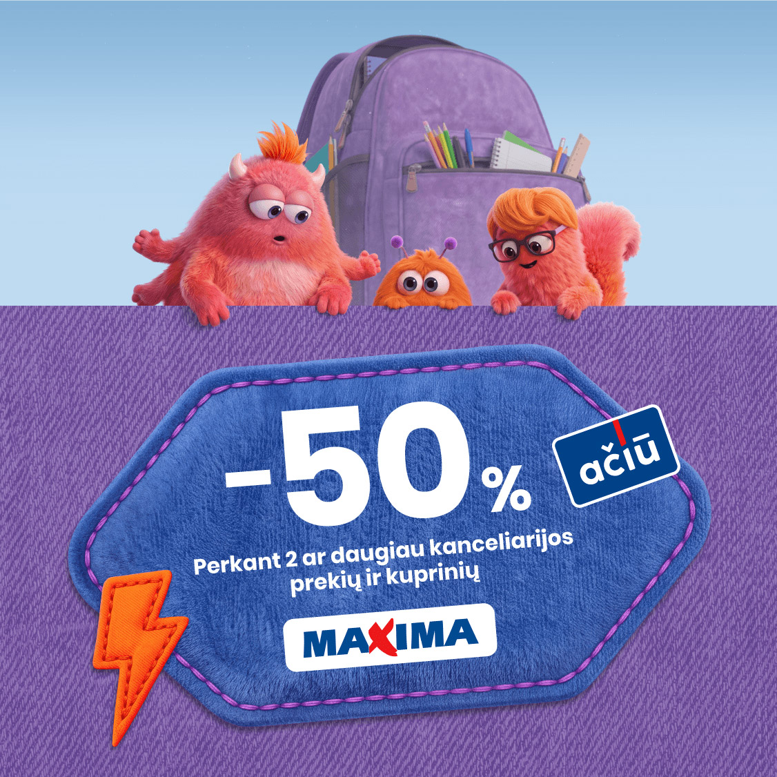 MAXIMA. -50% perkant 2 ar daugiau kanceliarijos prekių ir kuprinių