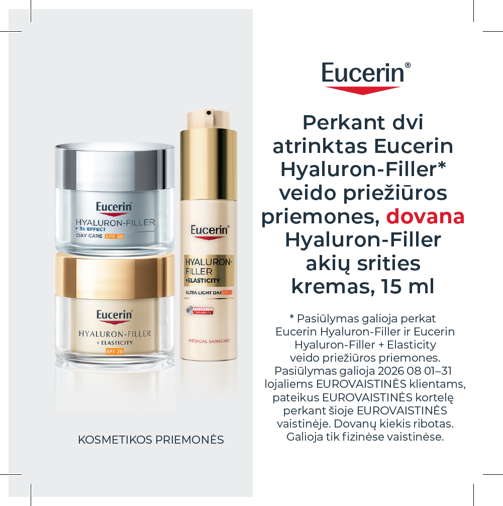 EUROVAISTINĖ. Perkant dvi atrinktas Eucerin Hyaluron-Filler* veido priežiūros priemones, dovana Hyaluron-Filler akių srities kremas, 15 ml