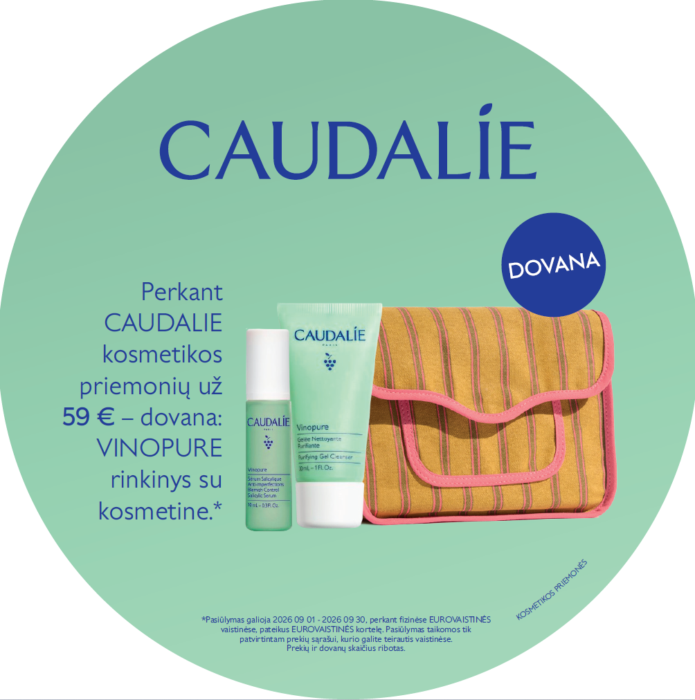 EUROVAISTINĖ. Perkant CAUDALIE kosmetikos priemonių už 59 € – dovana: VINOPURE rinkinys su kosmetine.*