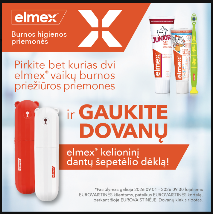 EUROVAISTINĖ. Pirkite bet kurias dvi Elmex vaikų burnos priežiūros priemones ir gaukite DOVANŲ Elmex kelioninį dantų šepetėlio dėklą!