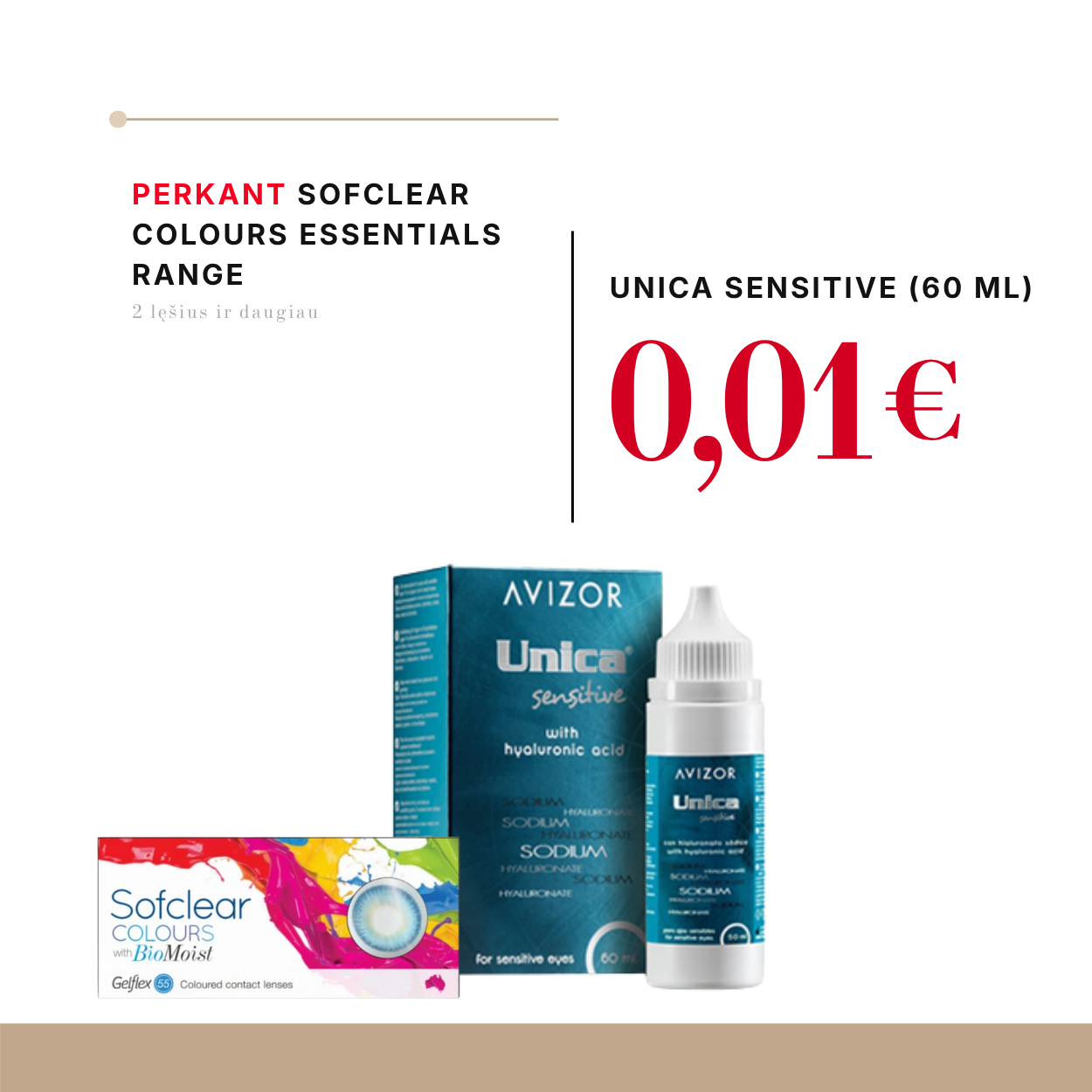 ZYNKY OPTIKA. Sofclear Colours Essentials Range  kontaktiniai lęšiai (2 vnt ar daugiau)+ Unica Sensitive (60 ml)